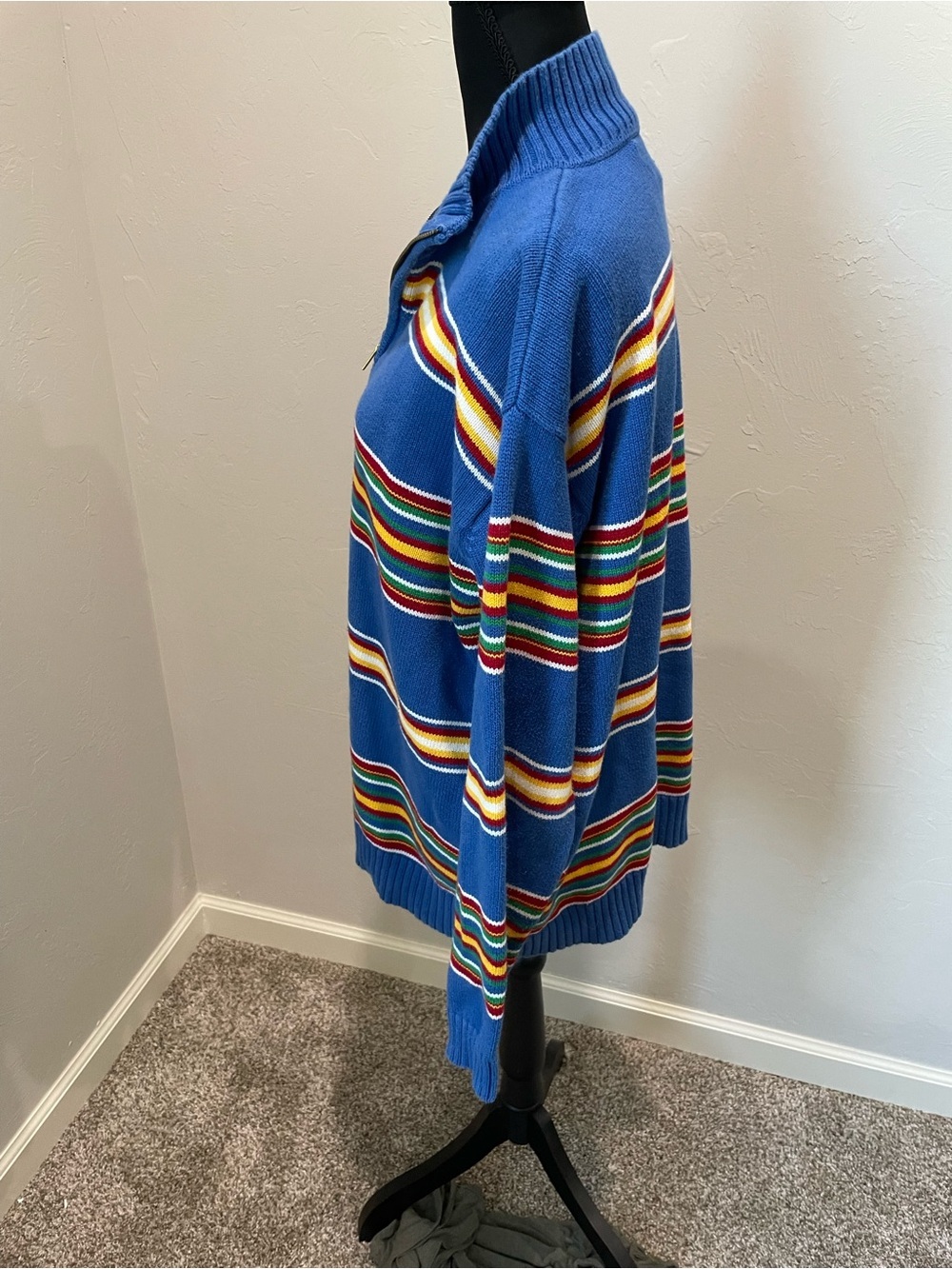 Ralph Lauren Vintage Blue Zip-Neck Sweater with Multicolor Stripes - Picture 4 of 6